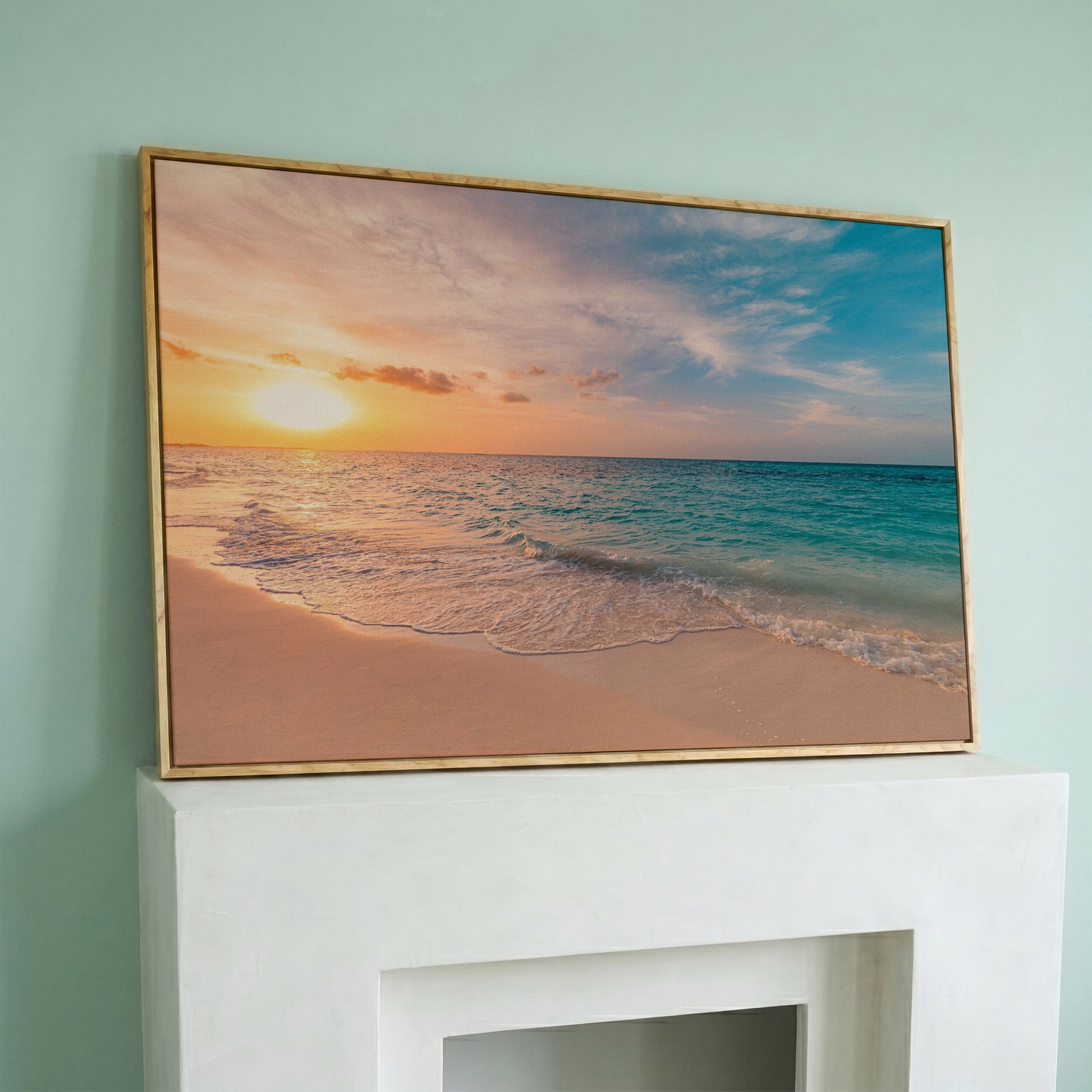 Ocean Sunset Beach Canvas Wall Art, Coastal Seascape Print in white oak floating frame