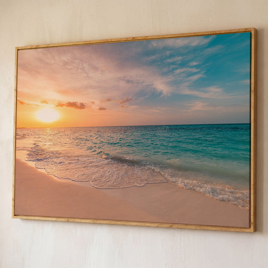 Ocean Sunset Beach Canvas Wall Art, Coastal Seascape Print shown in white oak floating frame