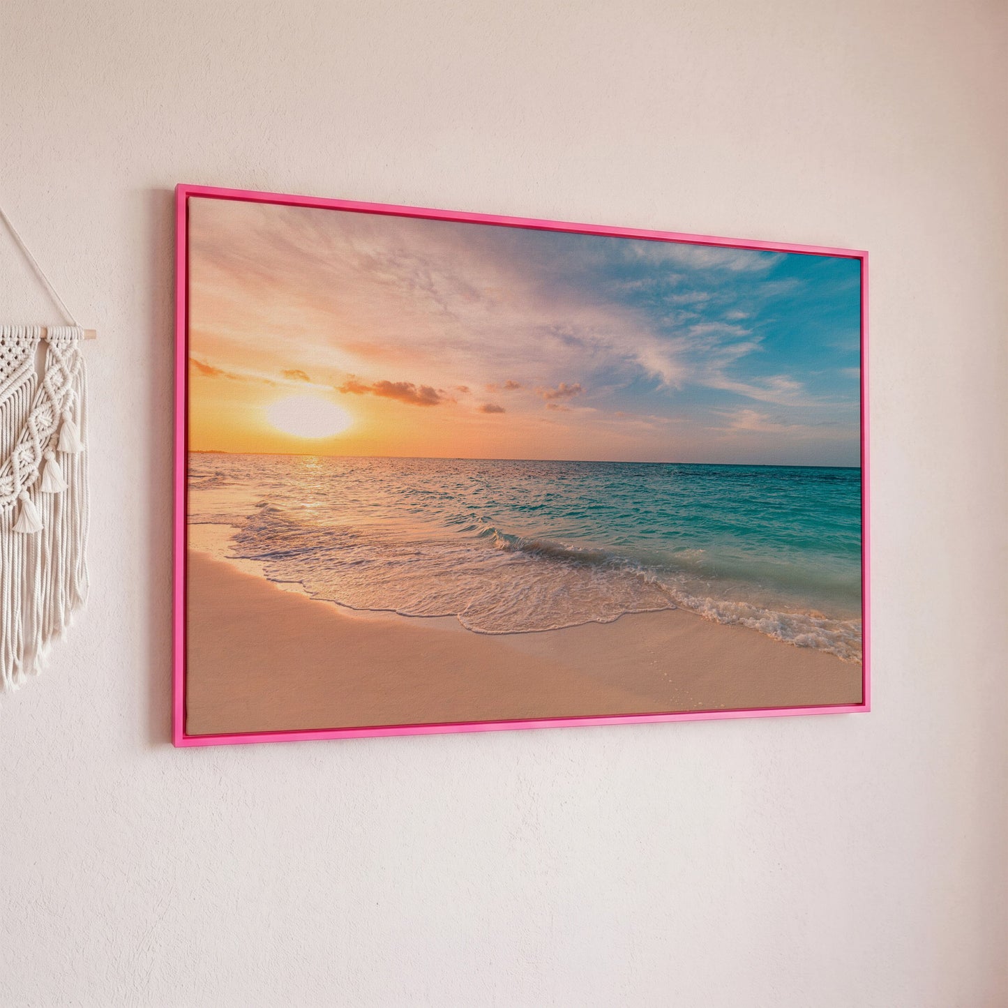 Ocean Sunset Beach Canvas Wall Art, Coastal Seascape Print in pink floating frame