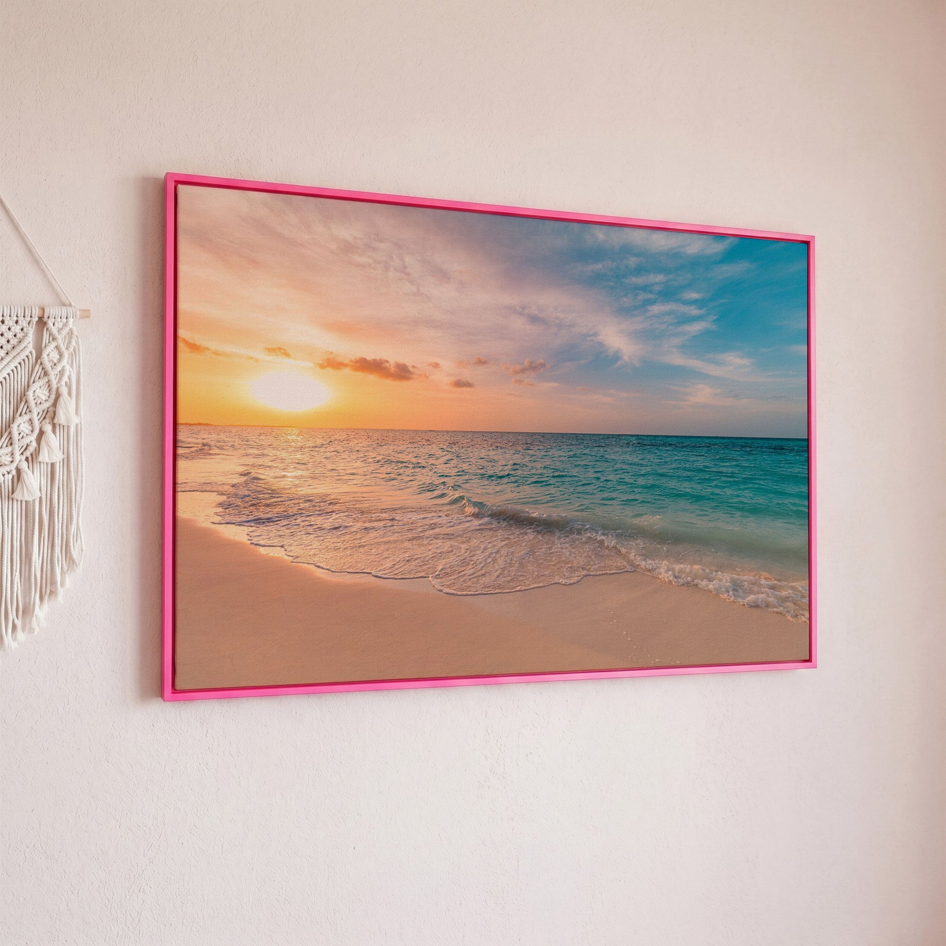 Ocean Sunset Beach Canvas Wall Art, Coastal Seascape Print in pink floating frame