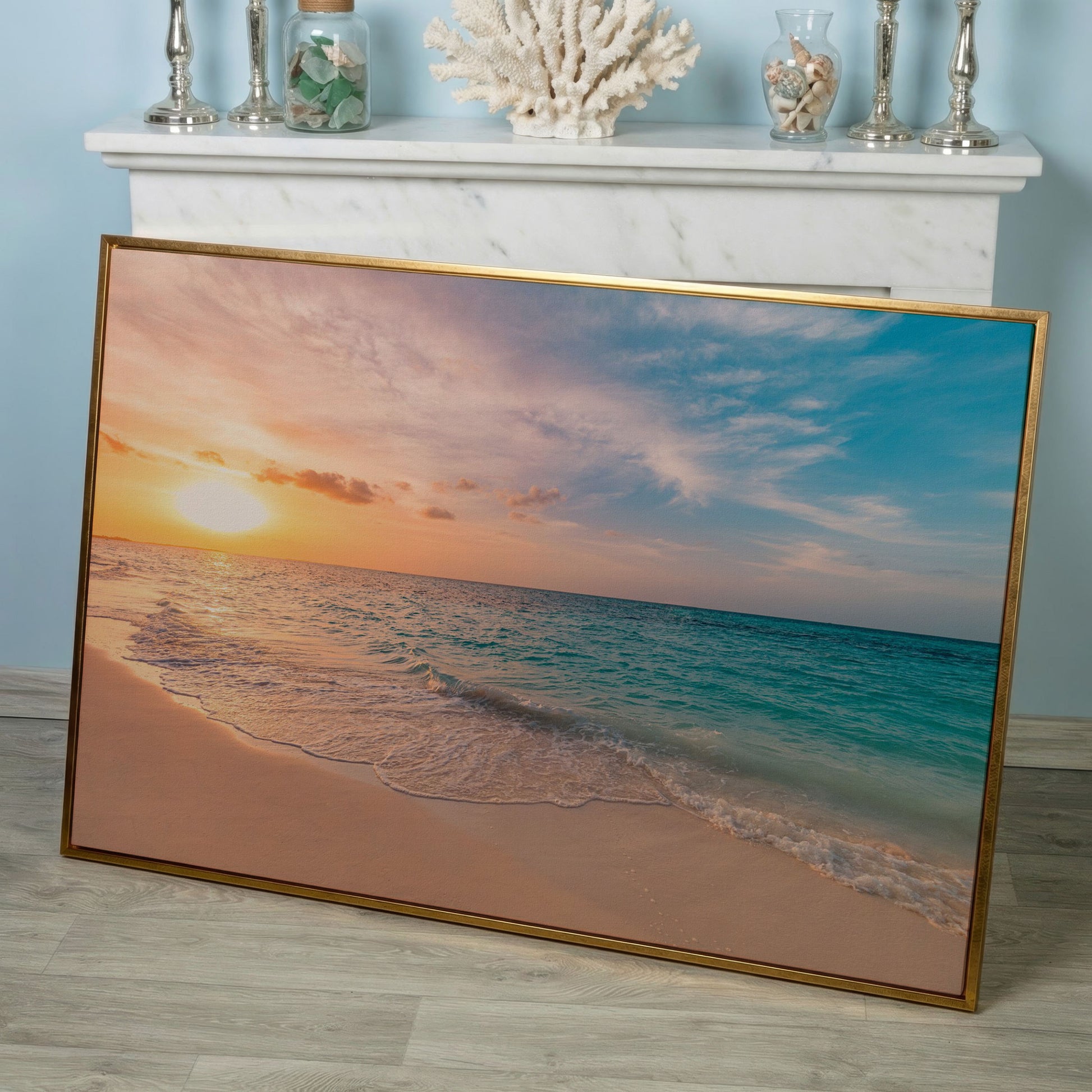 Ocean Sunset Beach Canvas Wall Art, Coastal Seascape Print in rose gold floating frame
