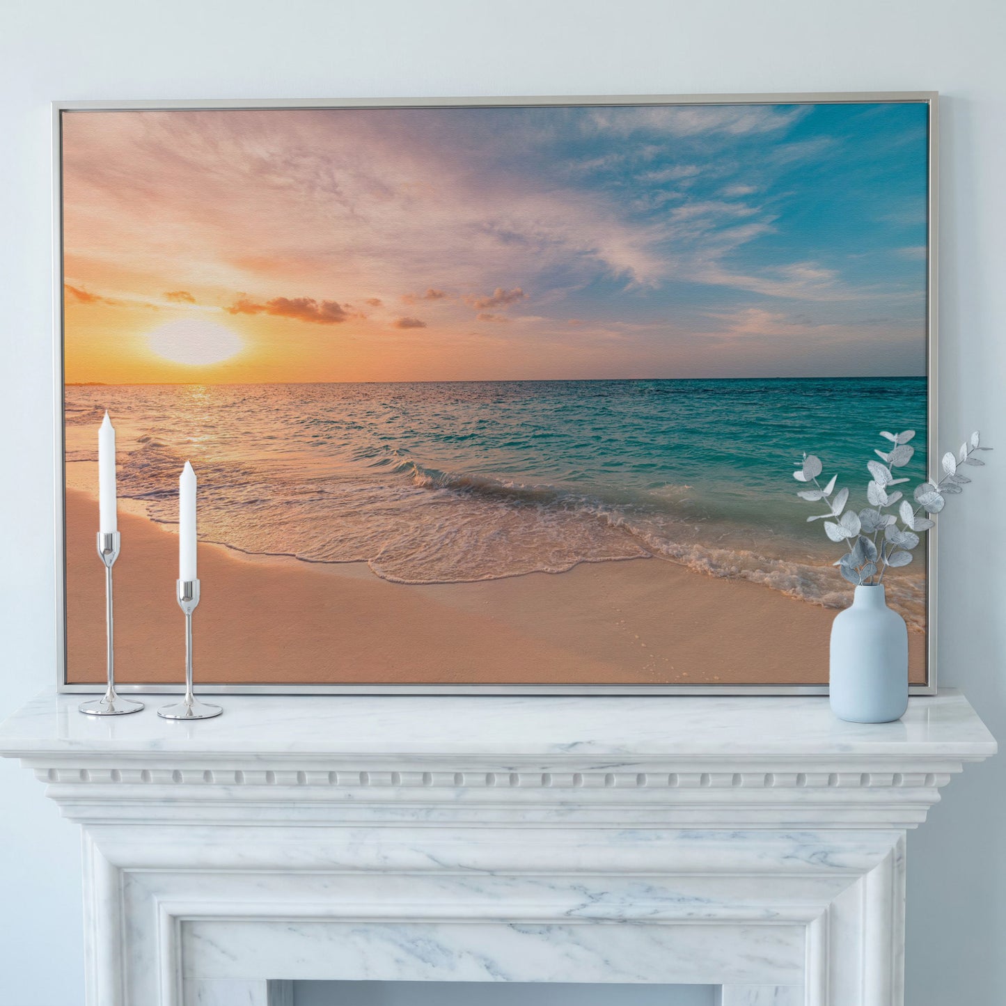 Ocean Sunset Beach Canvas Wall Art, Coastal Seascape Print in silver floating frame