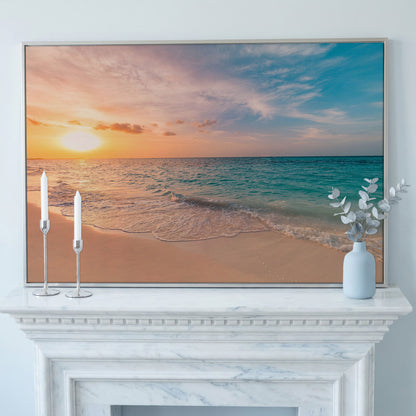 Ocean Sunset Beach Canvas Wall Art, Coastal Seascape Print in silver floating frame