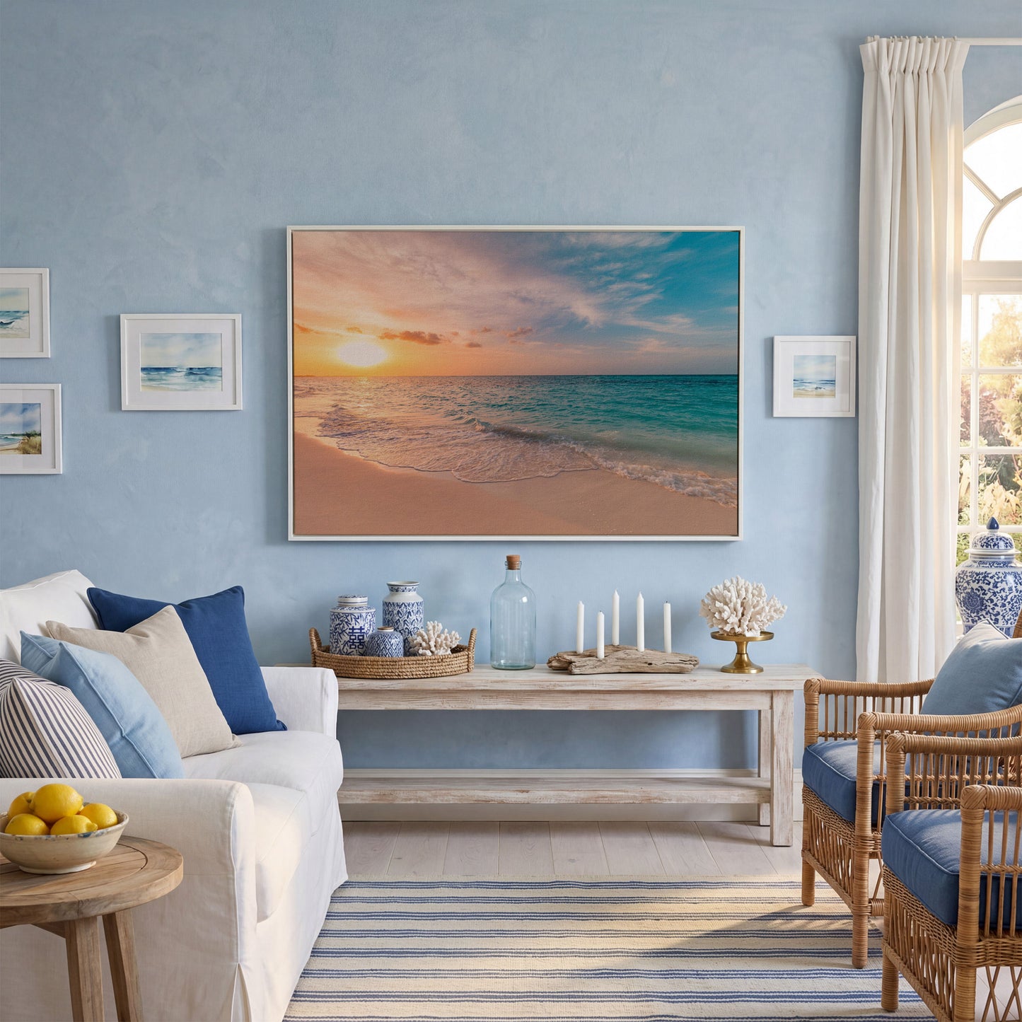 Ocean Sunset Beach Canvas Wall Art, Coastal Seascape Print in white floating frame