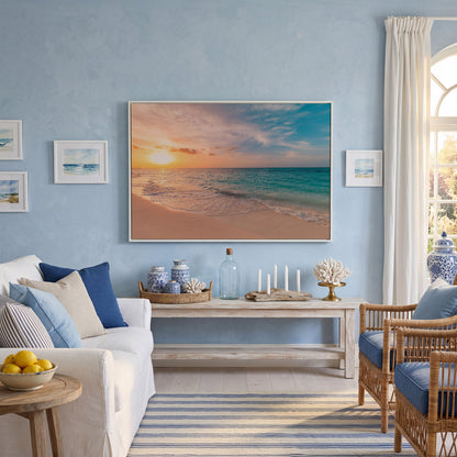 Ocean Sunset Beach Canvas Wall Art, Coastal Seascape Print in white floating frame