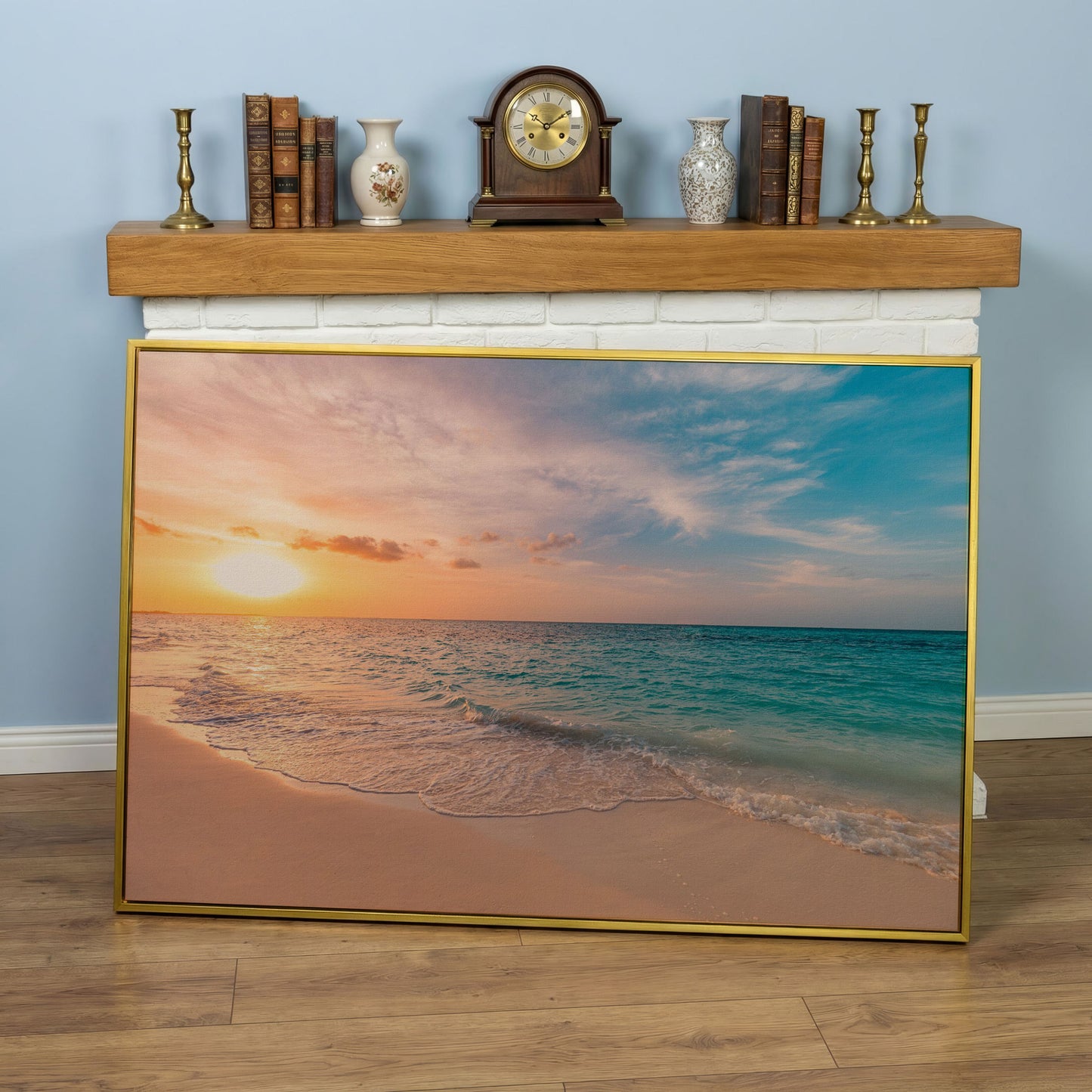 Ocean Sunset Beach Canvas Wall Art, Coastal Seascape Print in yellow gold floating frame