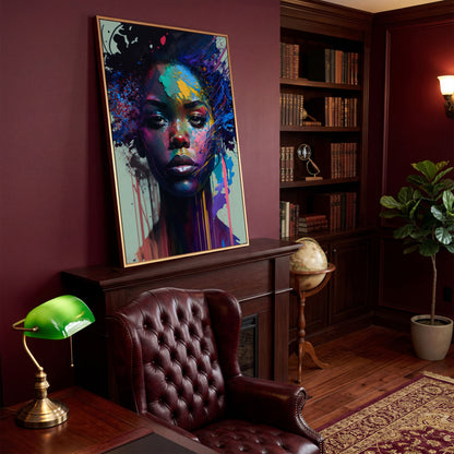 Bold Portrait of a Black Woman, Abstract Pop Art Canvas in antique gold floating frame
