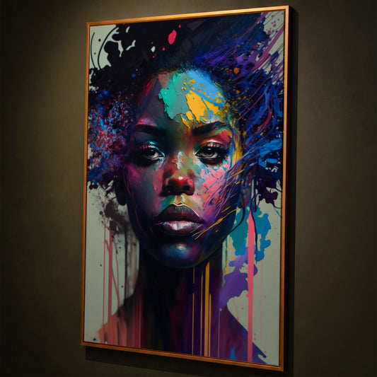Bold Portrait of a Black Woman, Abstract Pop Art Canvas shown in antique gold floating frame