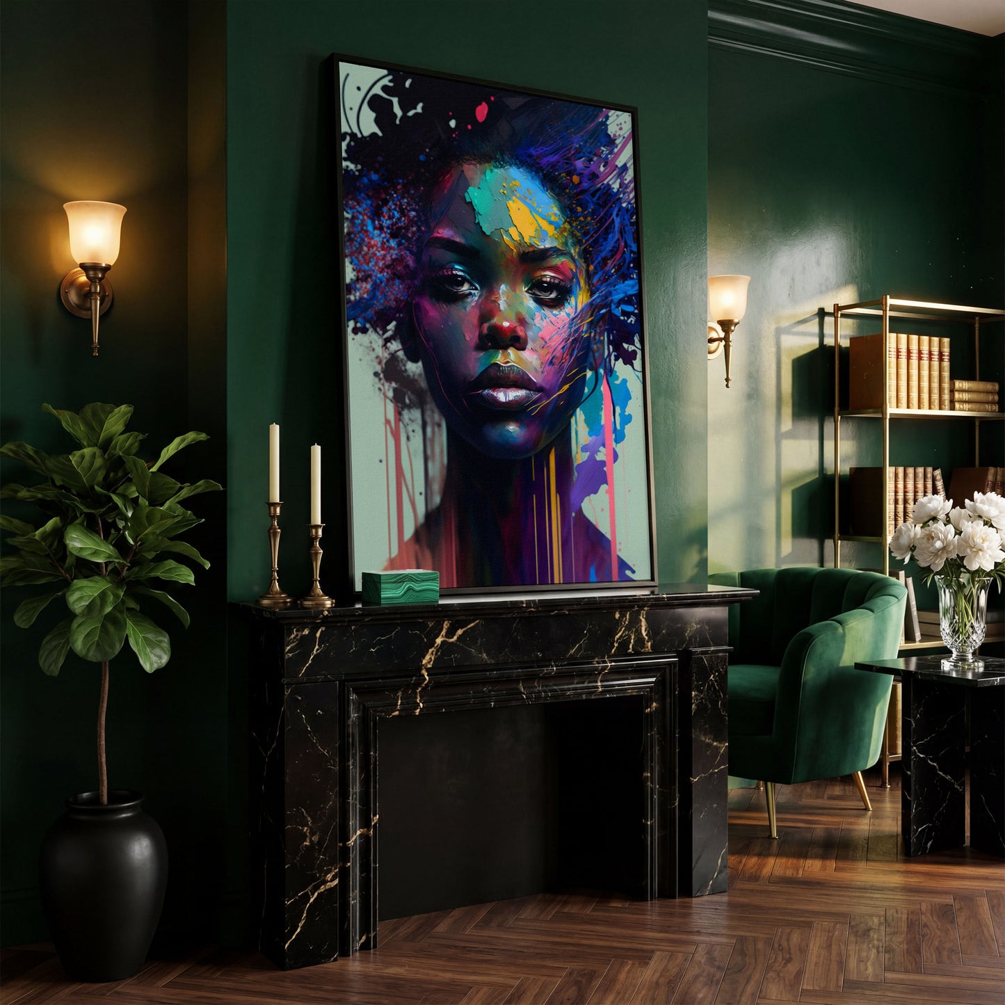 Bold Portrait of a Black Woman, Abstract Pop Art Canvas in black floating frame
