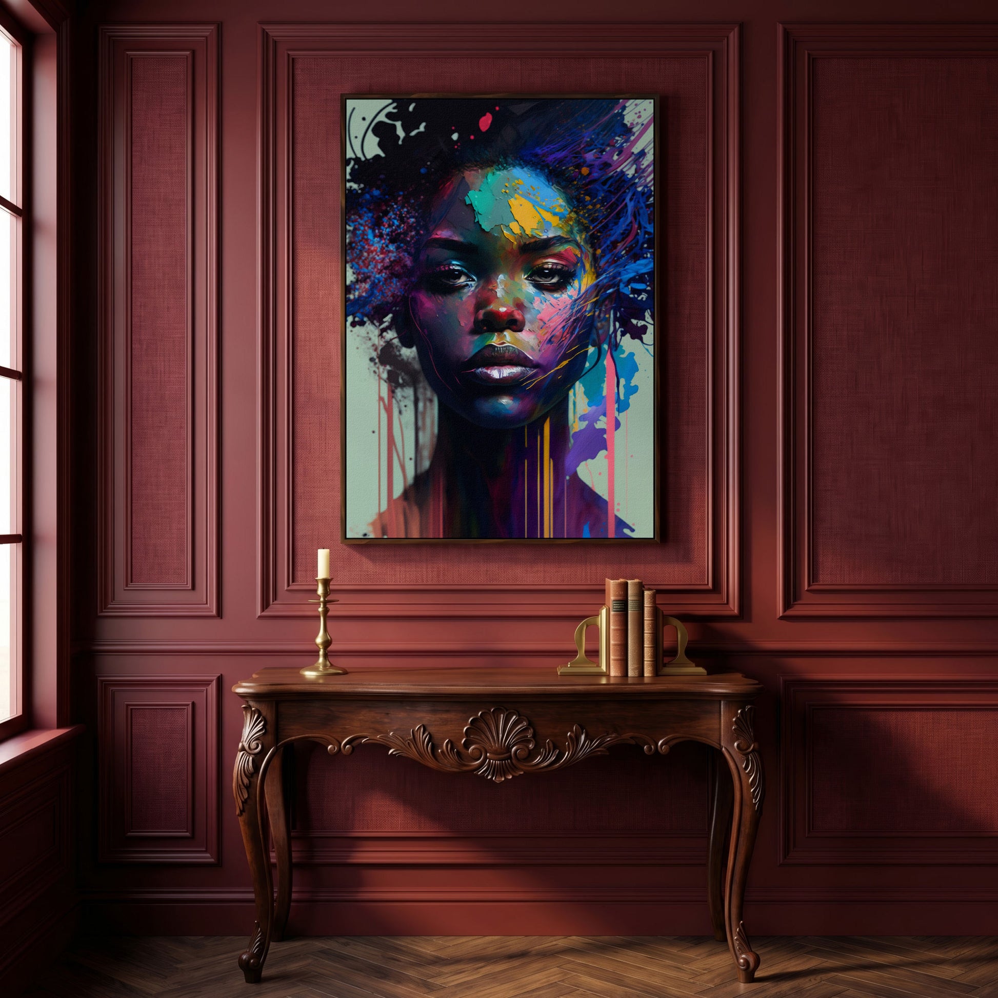 Bold Portrait of a Black Woman, Abstract Pop Art Canvas in dark walnut floating frame