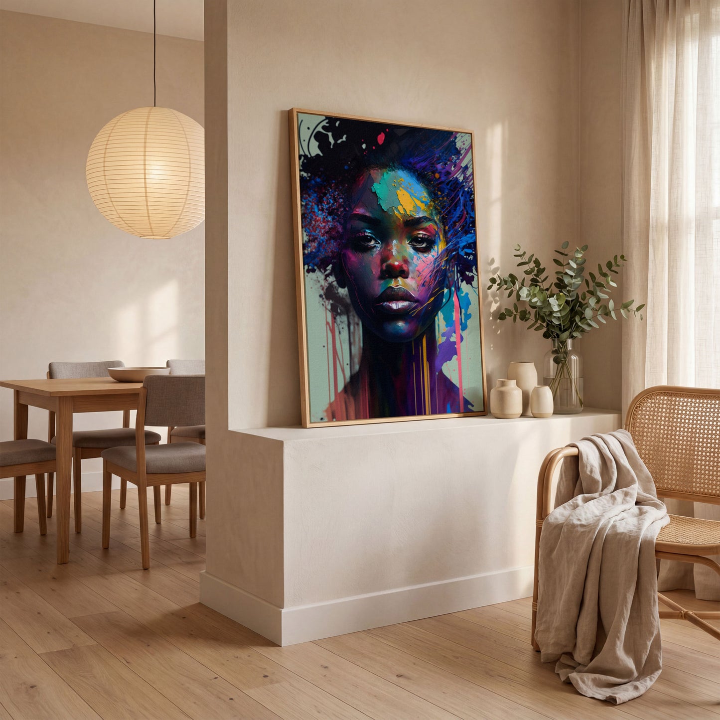 Bold Portrait of a Black Woman, Abstract Pop Art Canvas in white oak floating frame