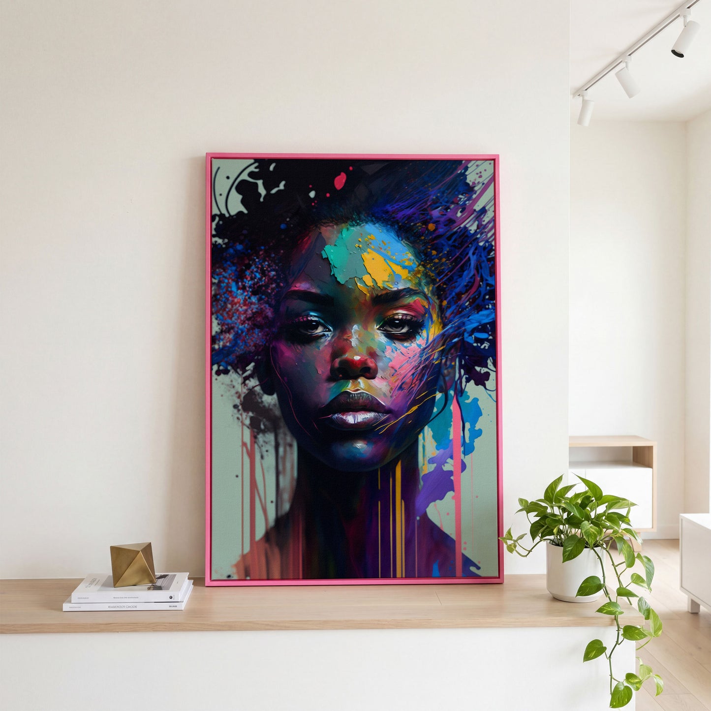 Bold Portrait of a Black Woman, Abstract Pop Art Canvas in pink floating frame