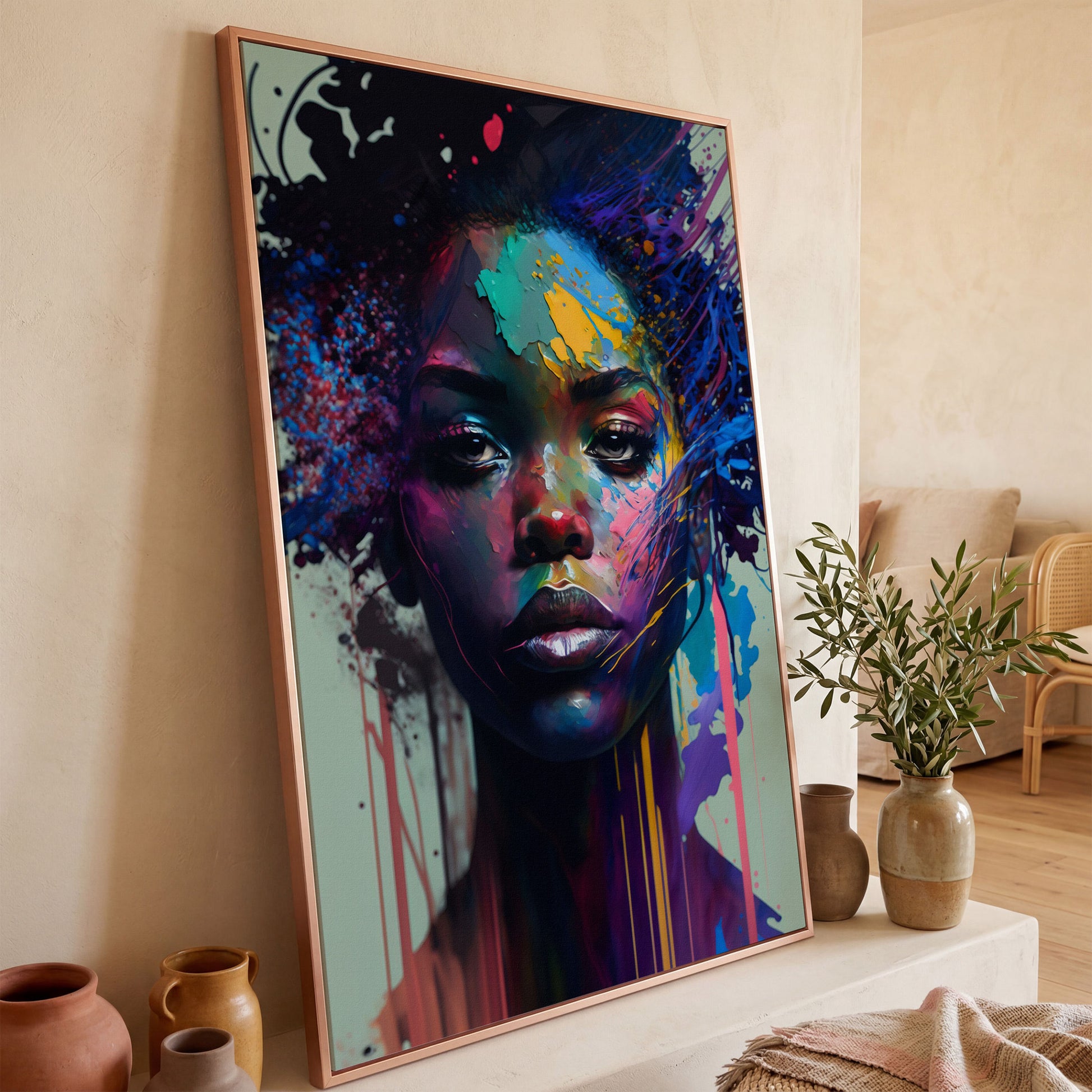 Bold Portrait of a Black Woman, Abstract Pop Art Canvas in rose gold floating frame