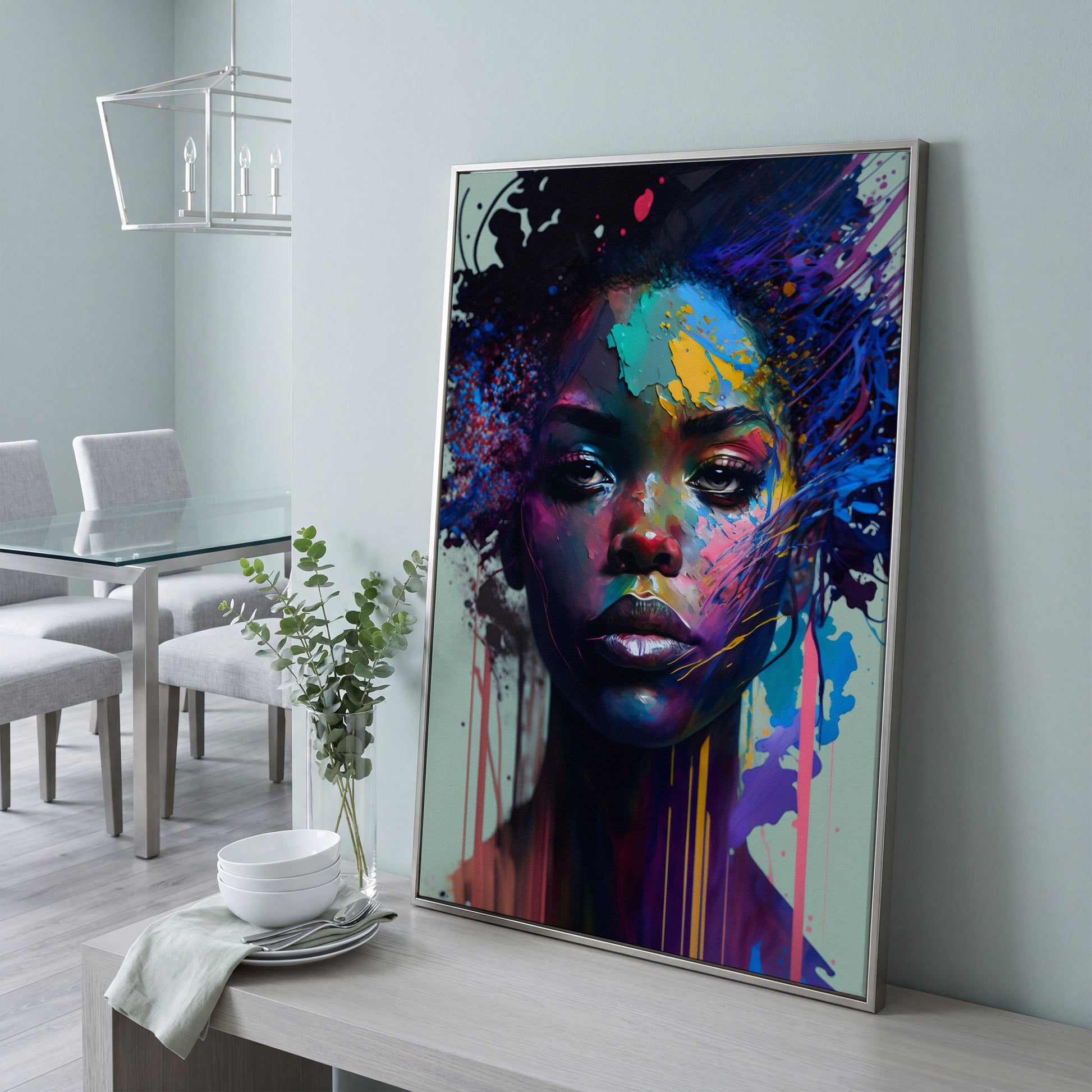 Bold Portrait of a Black Woman, Abstract Pop Art Canvas in silver floating frame