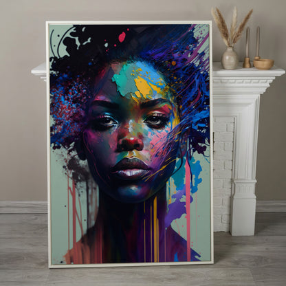 Bold Portrait of a Black Woman, Abstract Pop Art Canvas in white floating frame