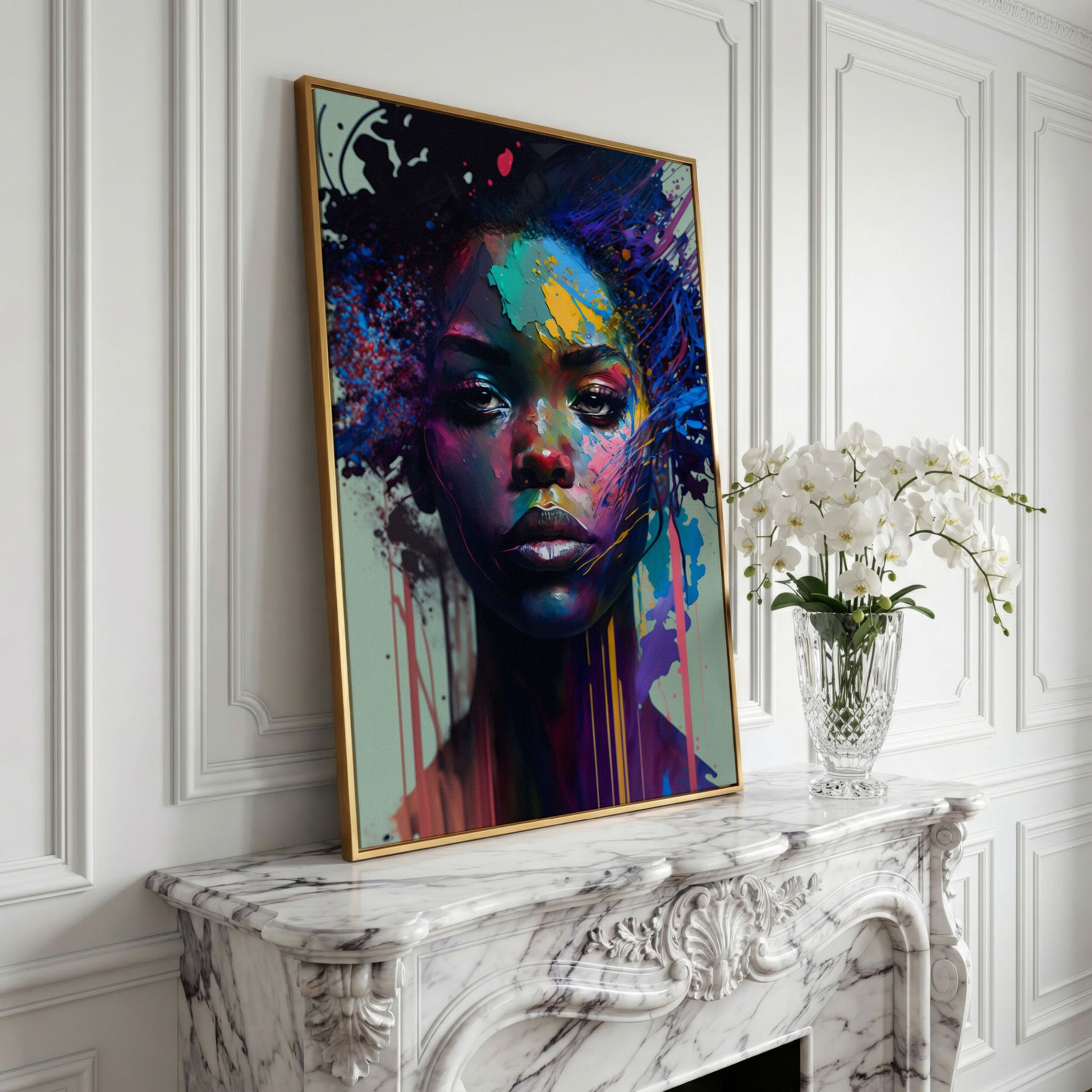 Bold Portrait of a Black Woman, Abstract Pop Art Canvas in yellow gold floating frame