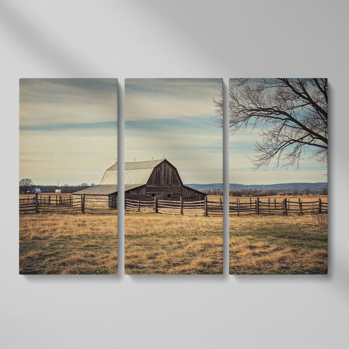 Weathered Barn Canvas Wall Art, Rustic Prairie Landscape as 3-panel split version