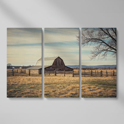 Weathered Barn Canvas Wall Art, Rustic Prairie Landscape as 3-panel split version