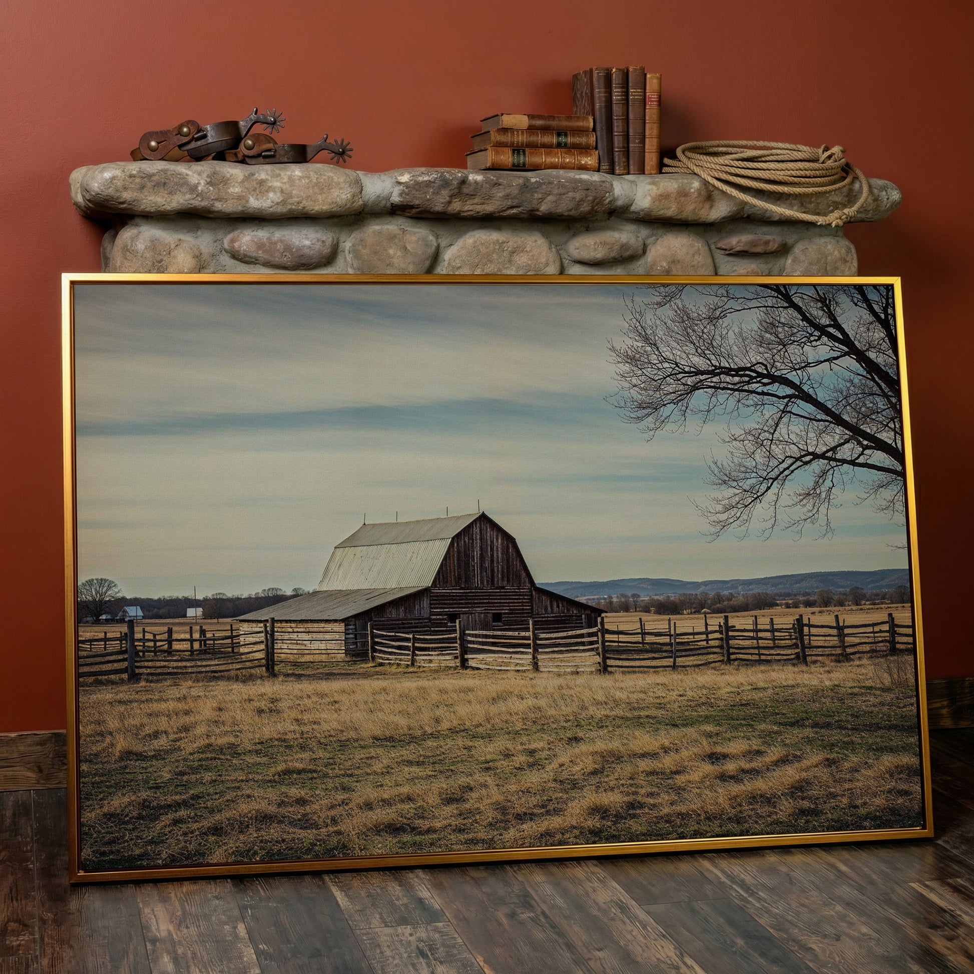 Weathered Barn Canvas Wall Art, Rustic Prairie Landscape in antique gold floating frame