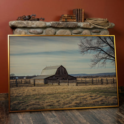 Weathered Barn Canvas Wall Art, Rustic Prairie Landscape in antique gold floating frame