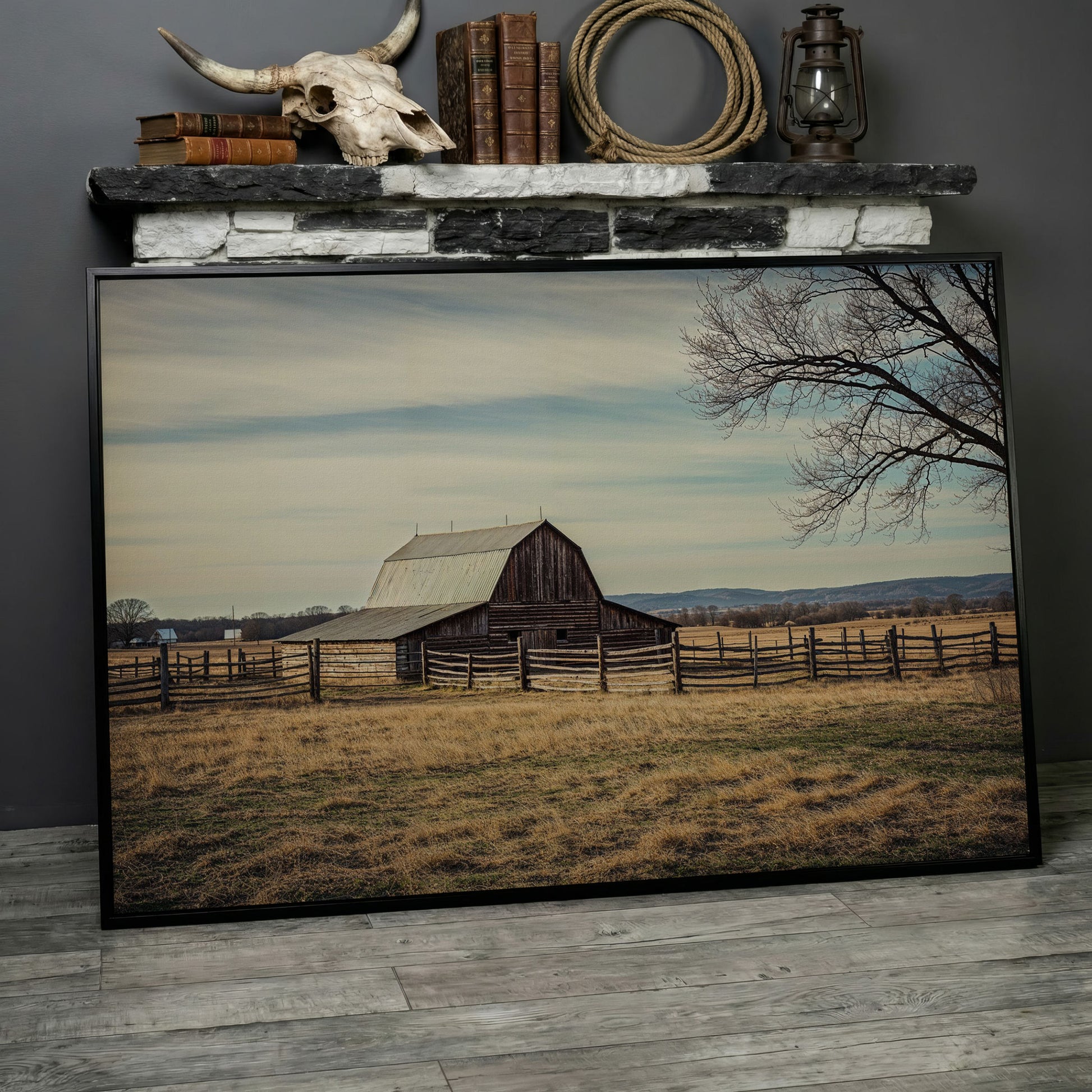 Weathered Barn Canvas Wall Art, Rustic Prairie Landscape in black floating frame