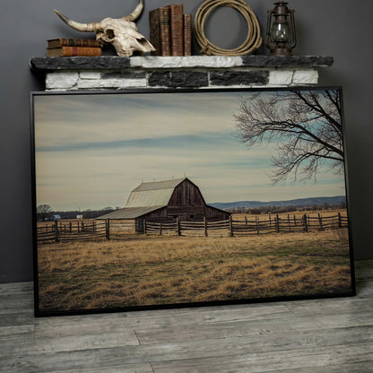 Weathered Barn Canvas Wall Art, Rustic Prairie Landscape in black floating frame
