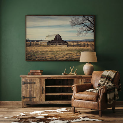 Weathered Barn Canvas Wall Art, Rustic Prairie Landscape in dark walnut floating frame