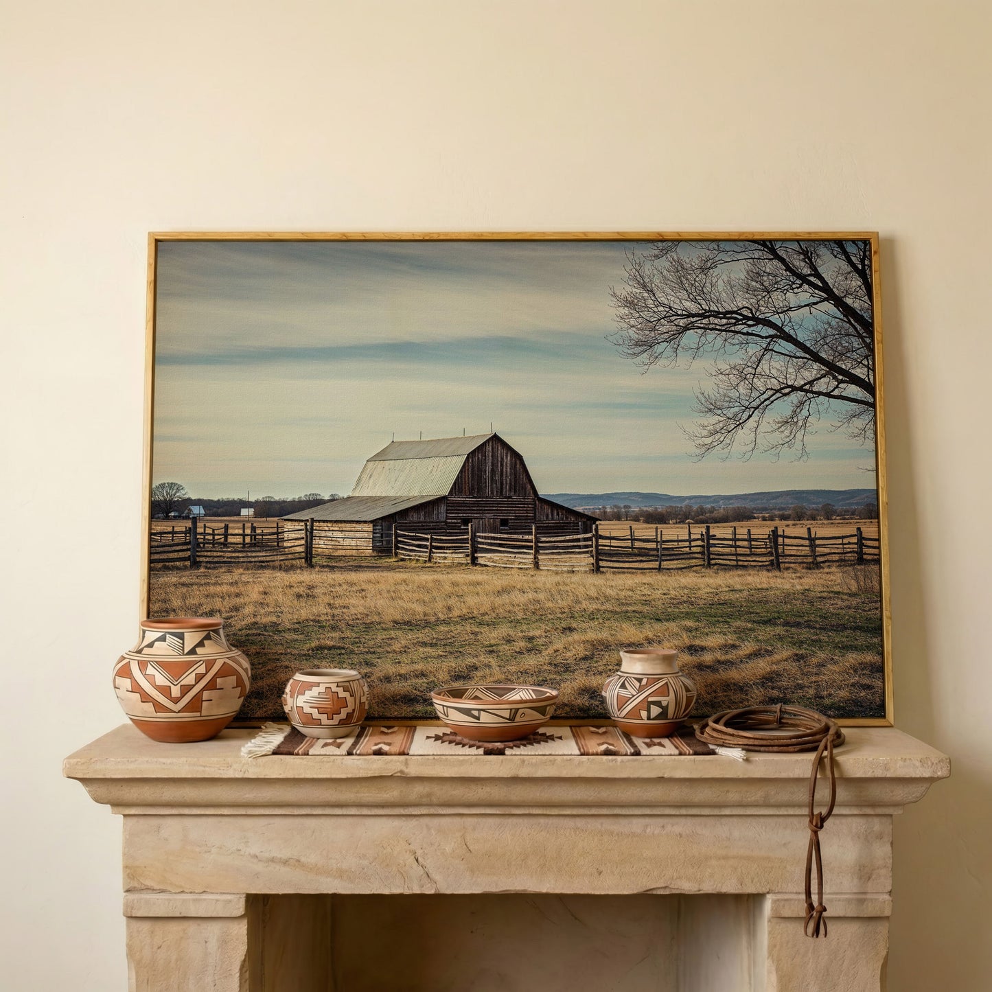 Weathered Barn Canvas Wall Art, Rustic Prairie Landscape in white oak floating frame