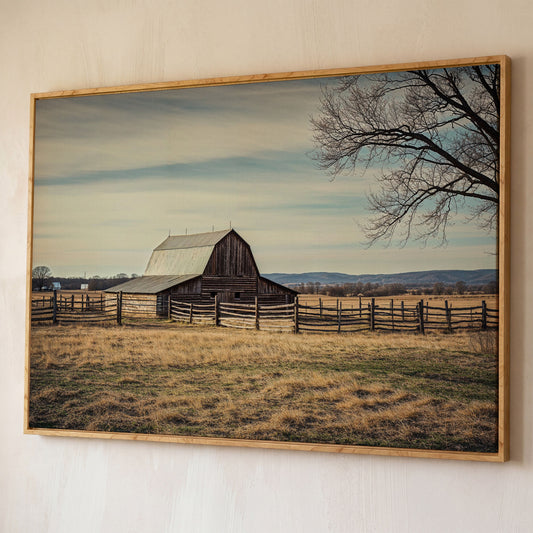Weathered Barn Canvas Wall Art, Rustic Prairie Landscape shown in white oak floating frame