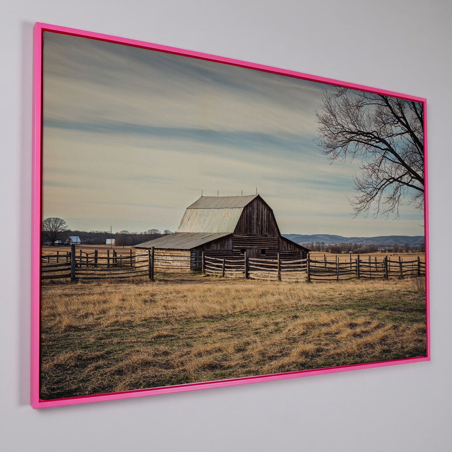 Weathered Barn Canvas Wall Art, Rustic Prairie Landscape in pink floating frame
