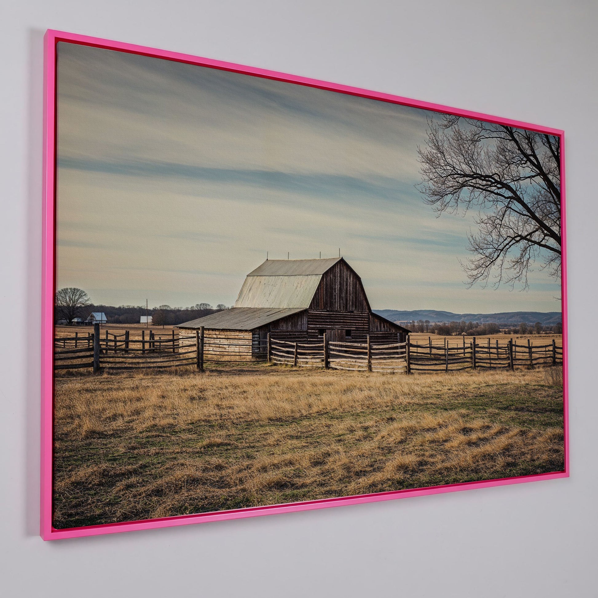 Weathered Barn Canvas Wall Art, Rustic Prairie Landscape in pink floating frame
