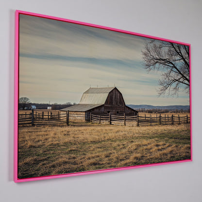 Weathered Barn Canvas Wall Art, Rustic Prairie Landscape in pink floating frame