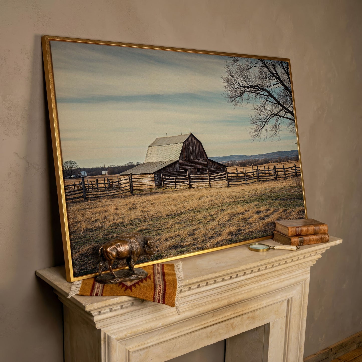 Weathered Barn Canvas Wall Art, Rustic Prairie Landscape in rose gold floating frame