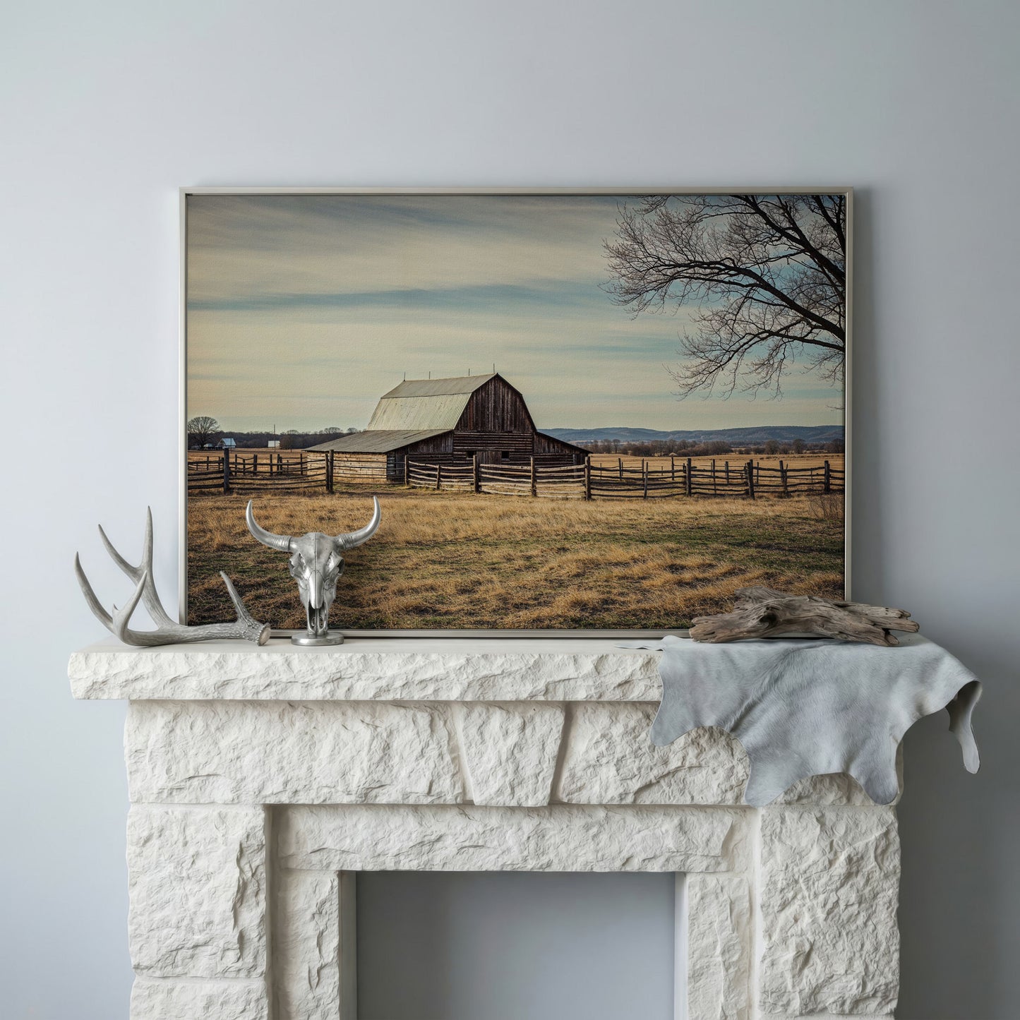 Weathered Barn Canvas Wall Art, Rustic Prairie Landscape in silver floating frame