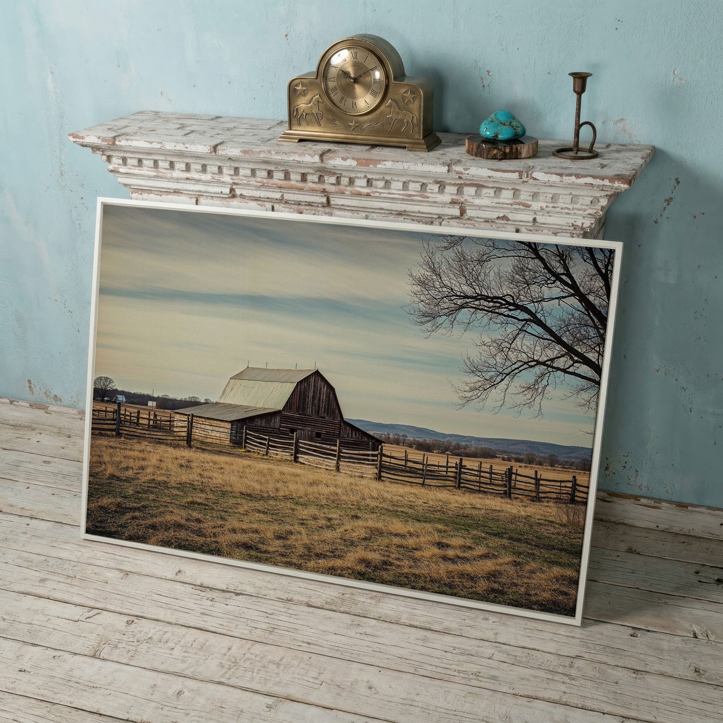 Weathered Barn Canvas Wall Art, Rustic Prairie Landscape in white floating frame