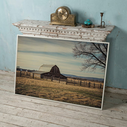 Weathered Barn Canvas Wall Art, Rustic Prairie Landscape in white floating frame