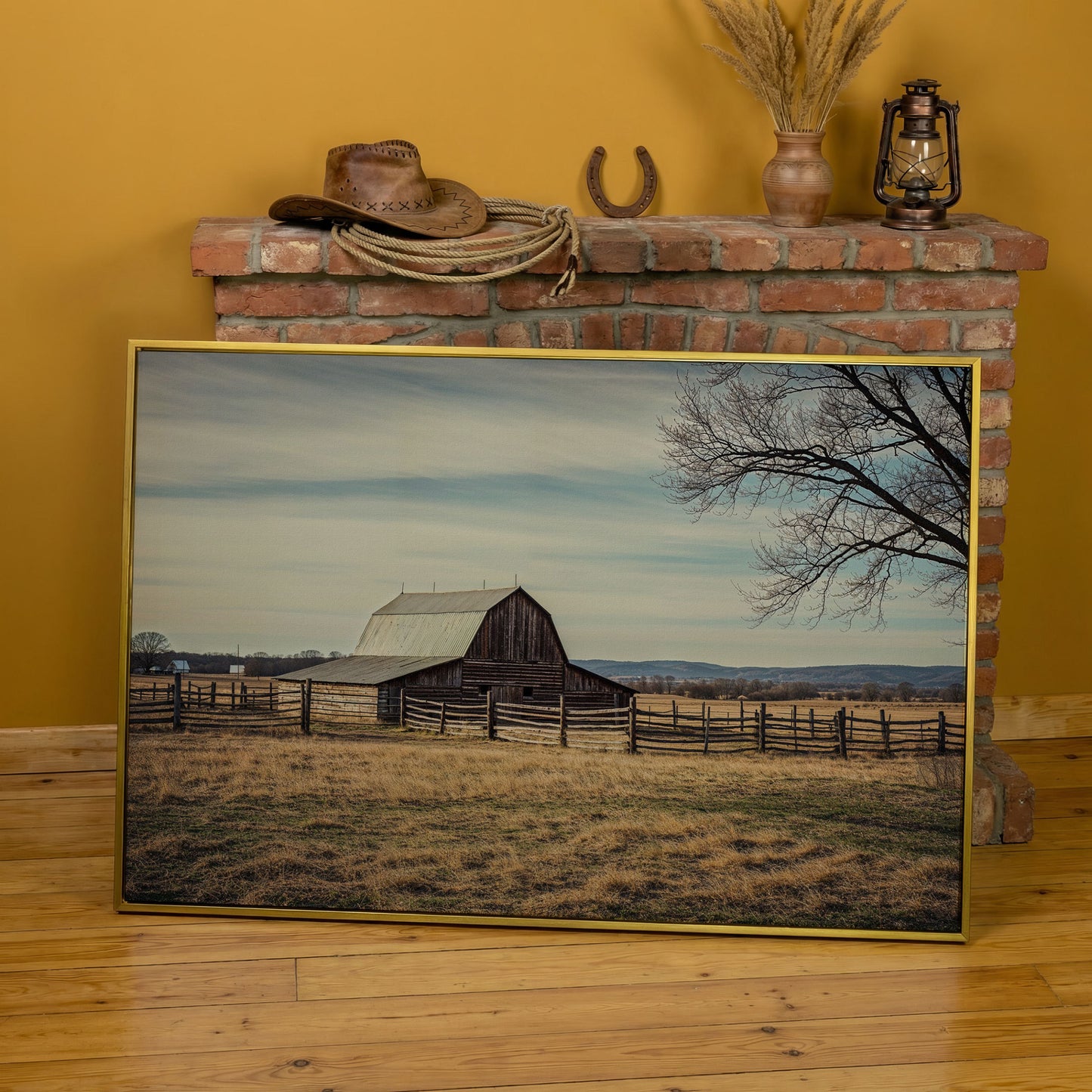 Weathered Barn Canvas Wall Art, Rustic Prairie Landscape in yellow gold floating frame