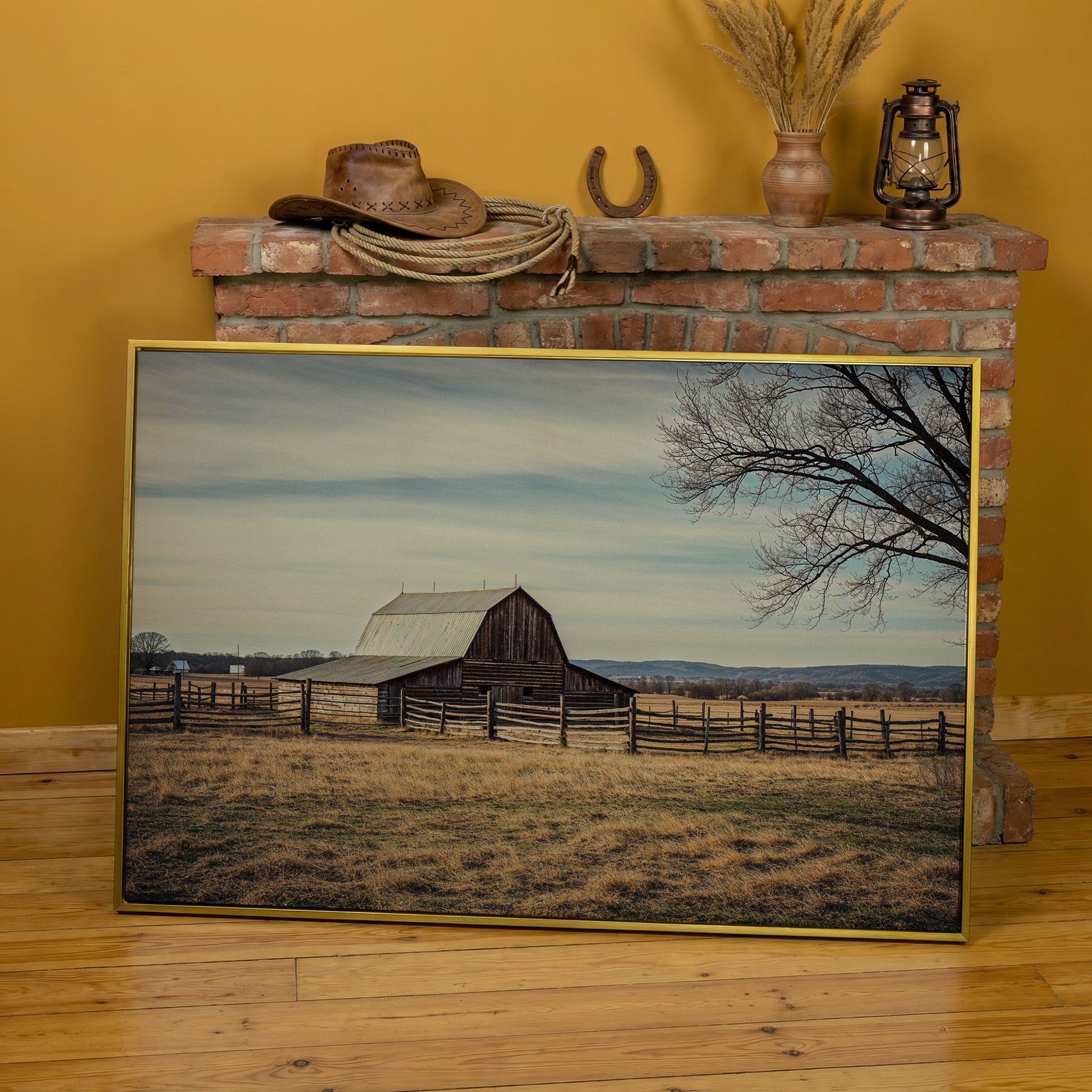 Weathered Barn Canvas Wall Art, Rustic Prairie Landscape in yellow gold floating frame