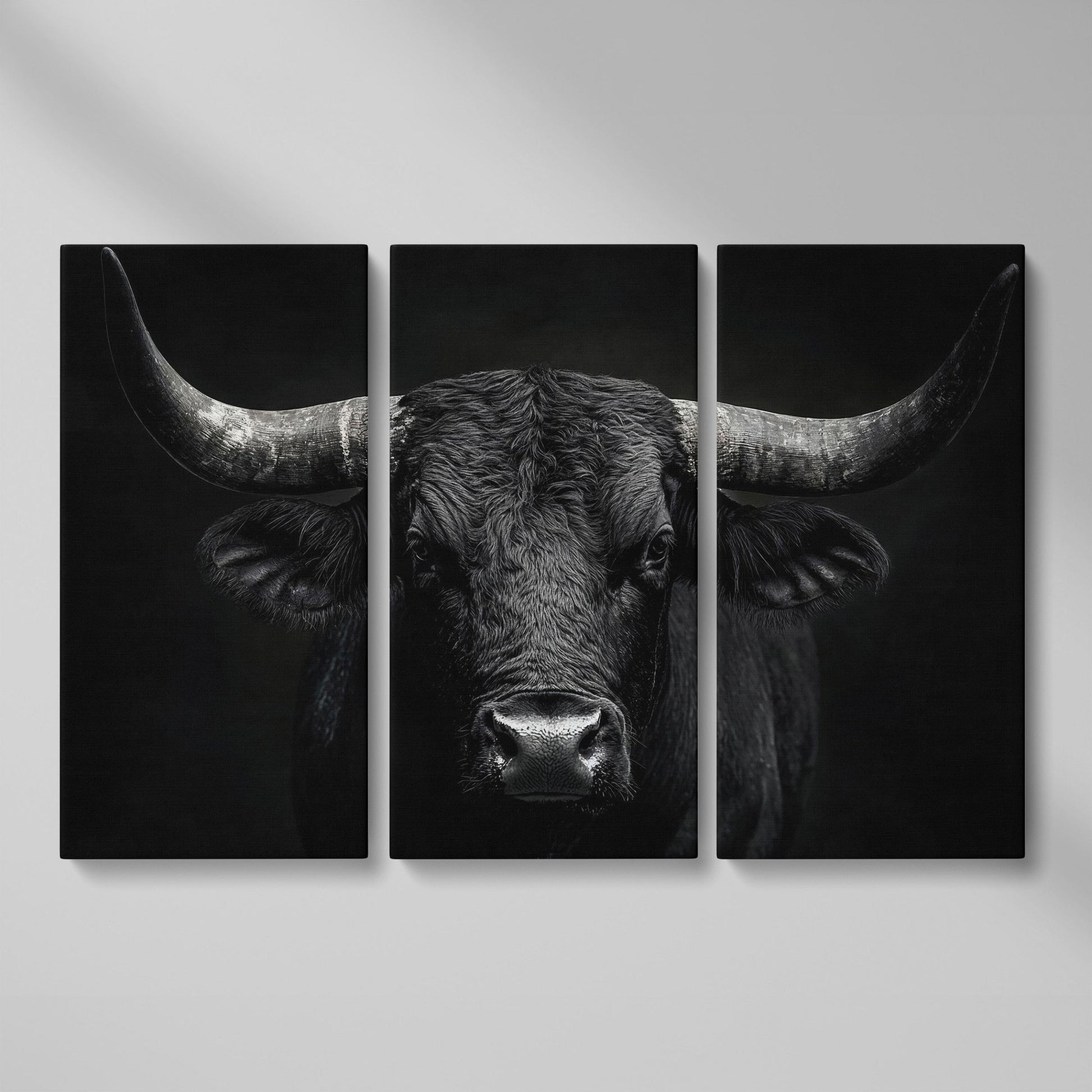 Bold Bull Head Canvas Art for Farmhouse and Man Cave Walls as 3-panel split version