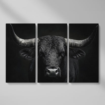 Bold Bull Head Canvas Art for Farmhouse and Man Cave Walls as 3-panel split version