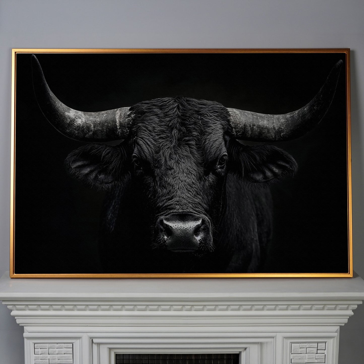Bold Bull Head Canvas Art for Farmhouse and Man Cave Walls in antique gold floating frame
