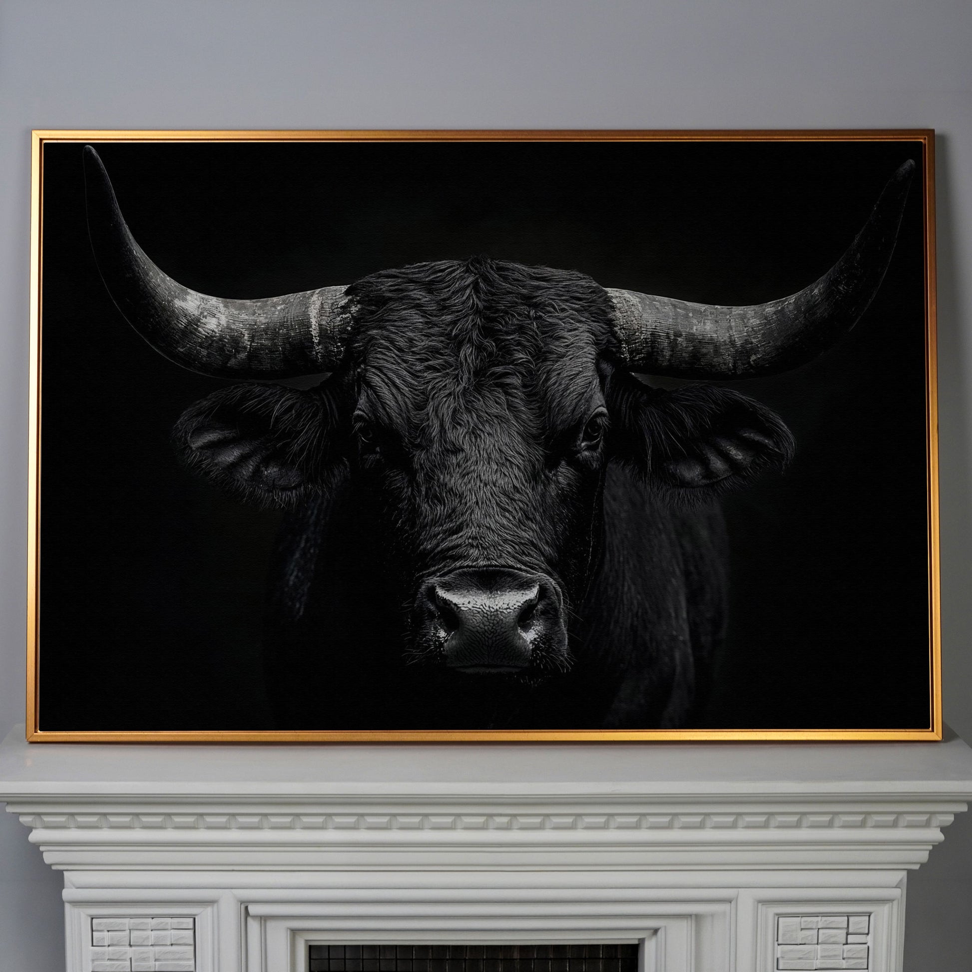 Bold Bull Head Canvas Art for Farmhouse and Man Cave Walls in antique gold floating frame