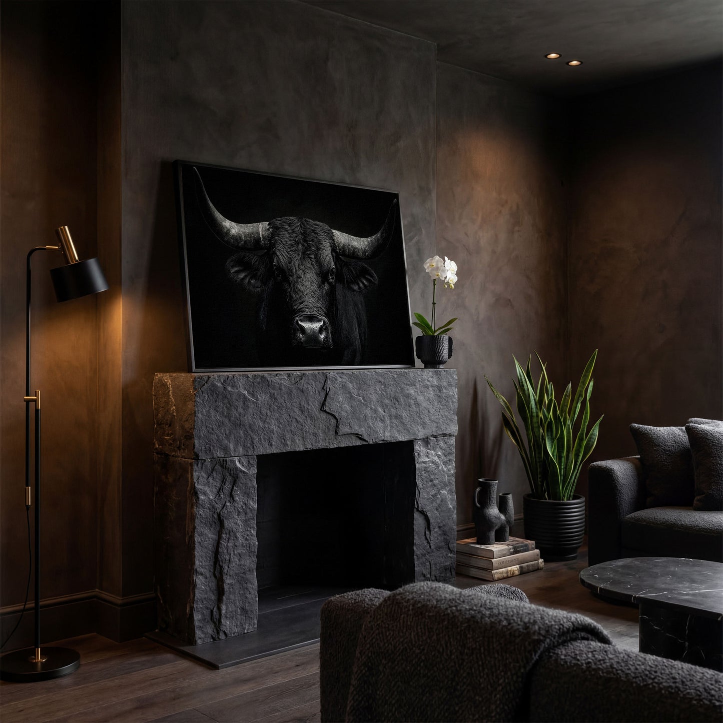 Bold Bull Head Canvas Art for Farmhouse and Man Cave Walls in black floating frame