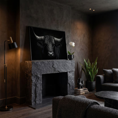 Bold Bull Head Canvas Art for Farmhouse and Man Cave Walls in black floating frame