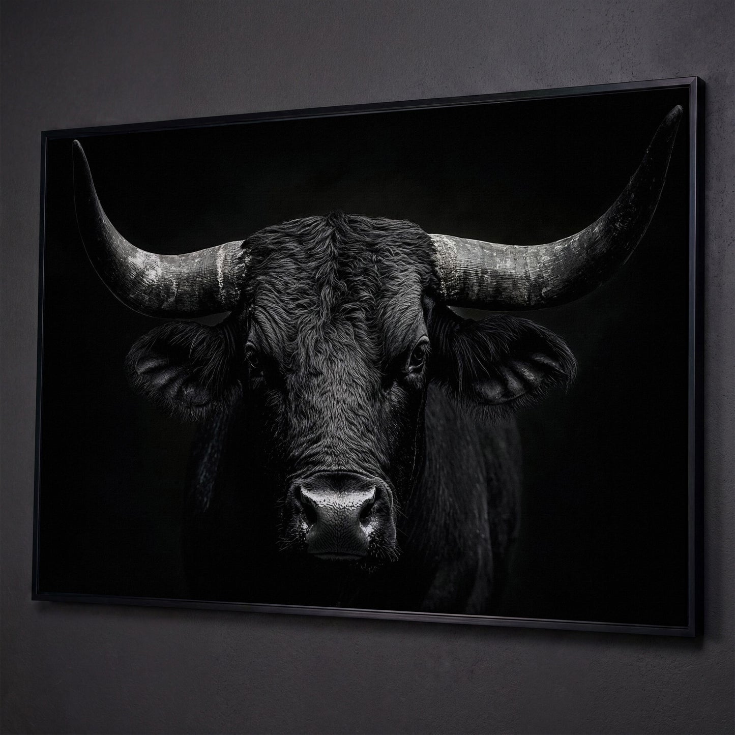 Bold Bull Head Canvas Art for Farmhouse and Man Cave Walls shown in black floating frame