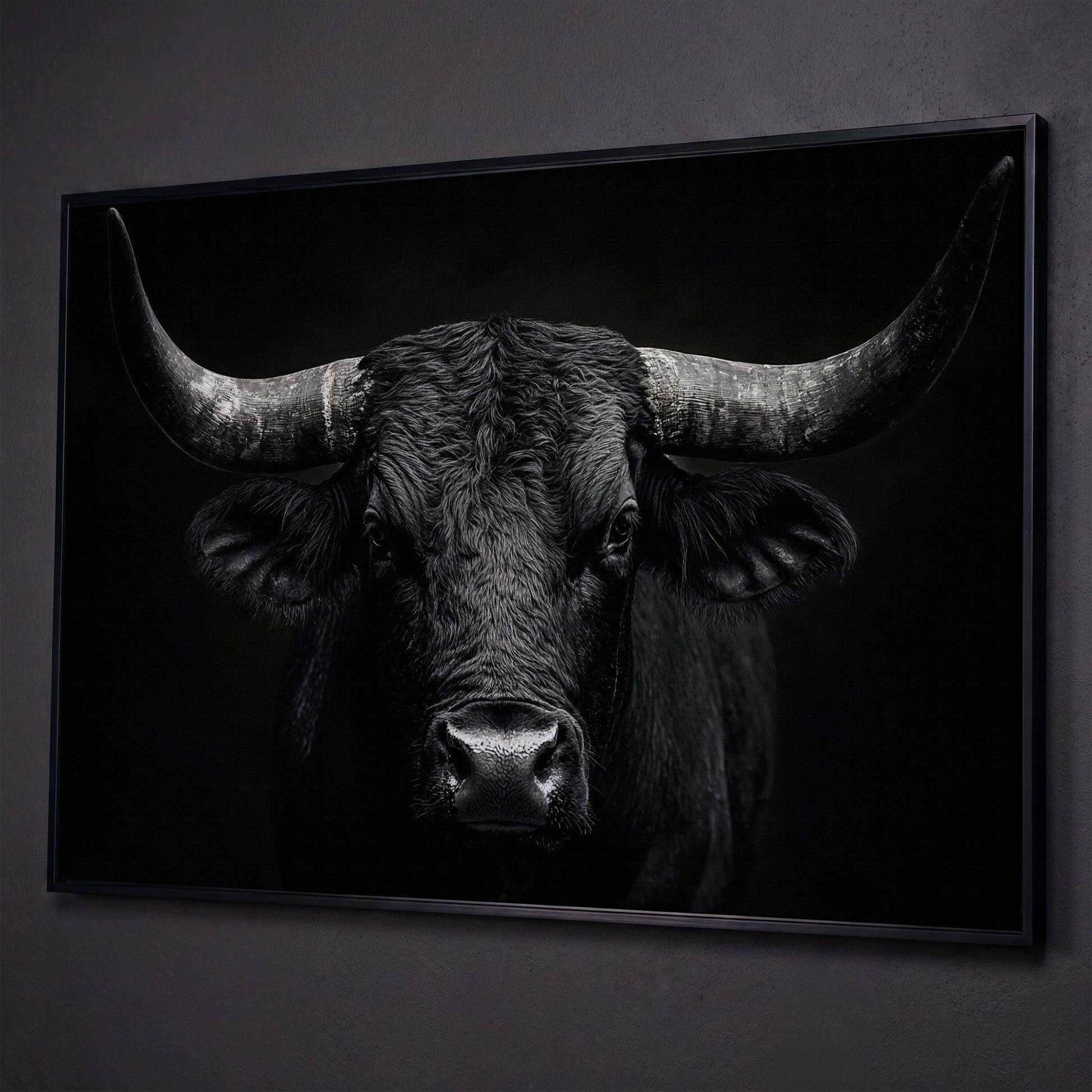 Bold Bull Head Canvas Art for Farmhouse and Man Cave Walls shown in black floating frame