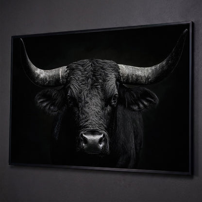 Bold Bull Head Canvas Art for Farmhouse and Man Cave Walls shown in black floating frame