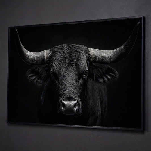Bold Bull Head Canvas Art for Farmhouse and Man Cave Walls shown in black floating frame