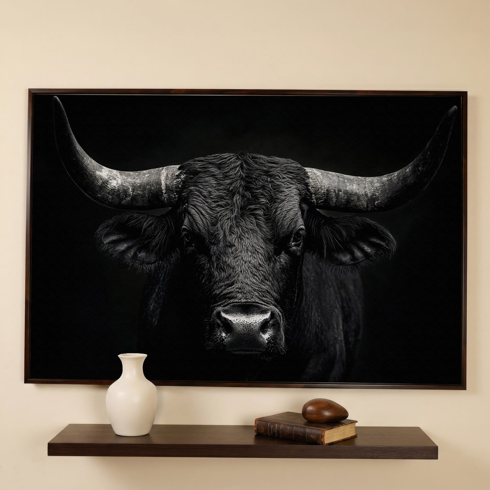 Bold Bull Head Canvas Art for Farmhouse and Man Cave Walls in dark walnut floating frame