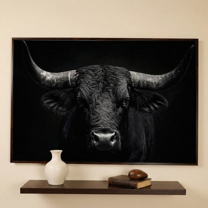 Bold Bull Head Canvas Art for Farmhouse and Man Cave Walls in dark walnut floating frame